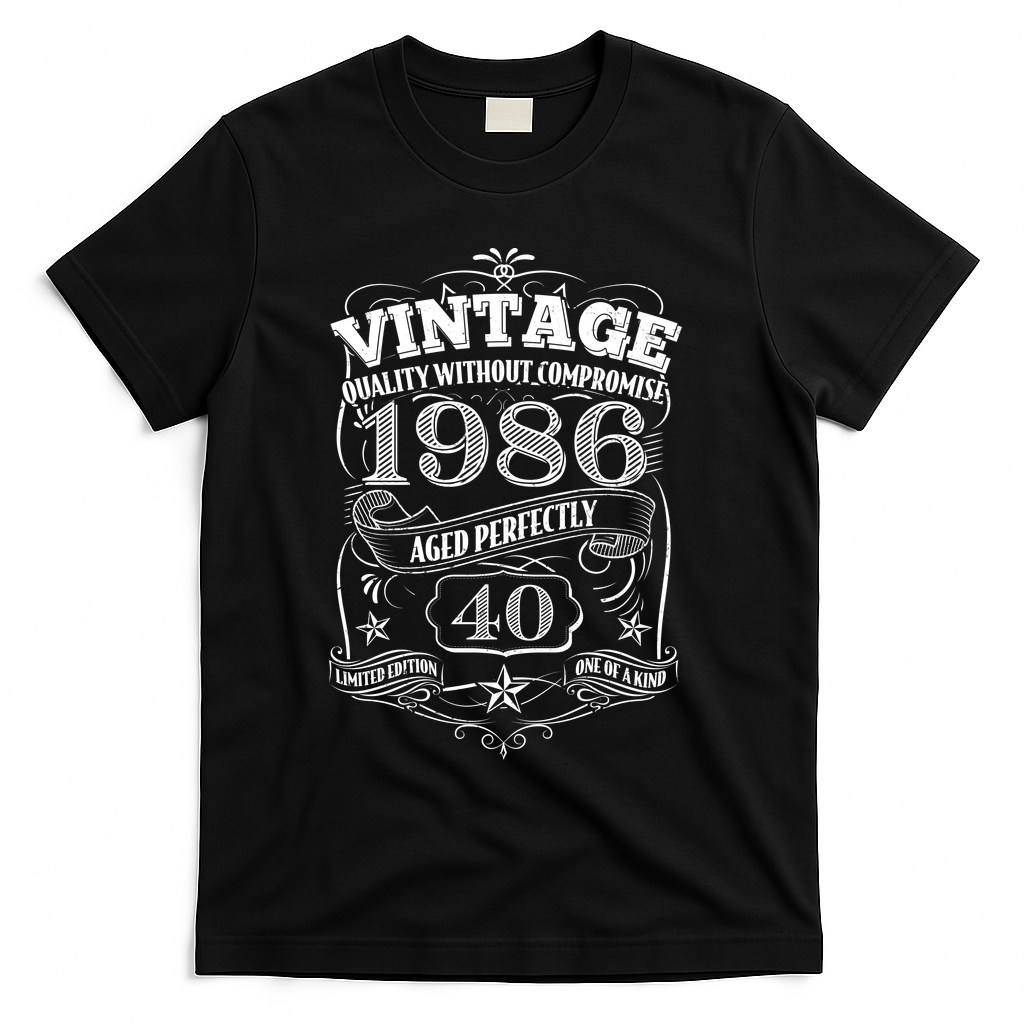 40th Birthday 1986 Vintage Quality Without Compromise T-Shirt - Black