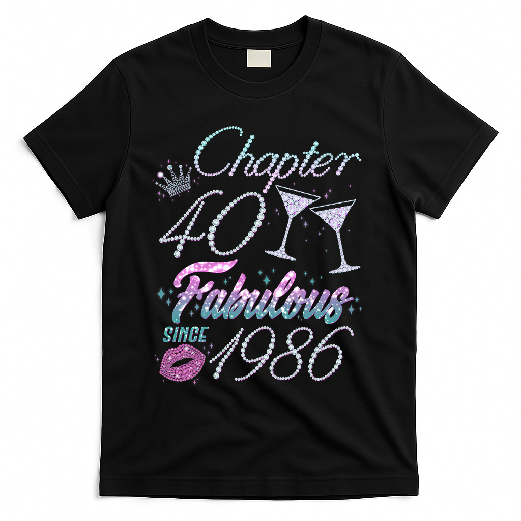 40th Birthday Chapter 40 Fabulous Since 1986 Rhinestones Diamonds T-Shirt - Black