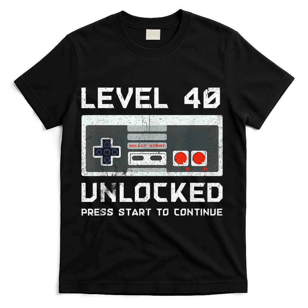 40 Year Old Forty Birthday Gift Level 40 Unlocked Gamer T-Shirt - Black