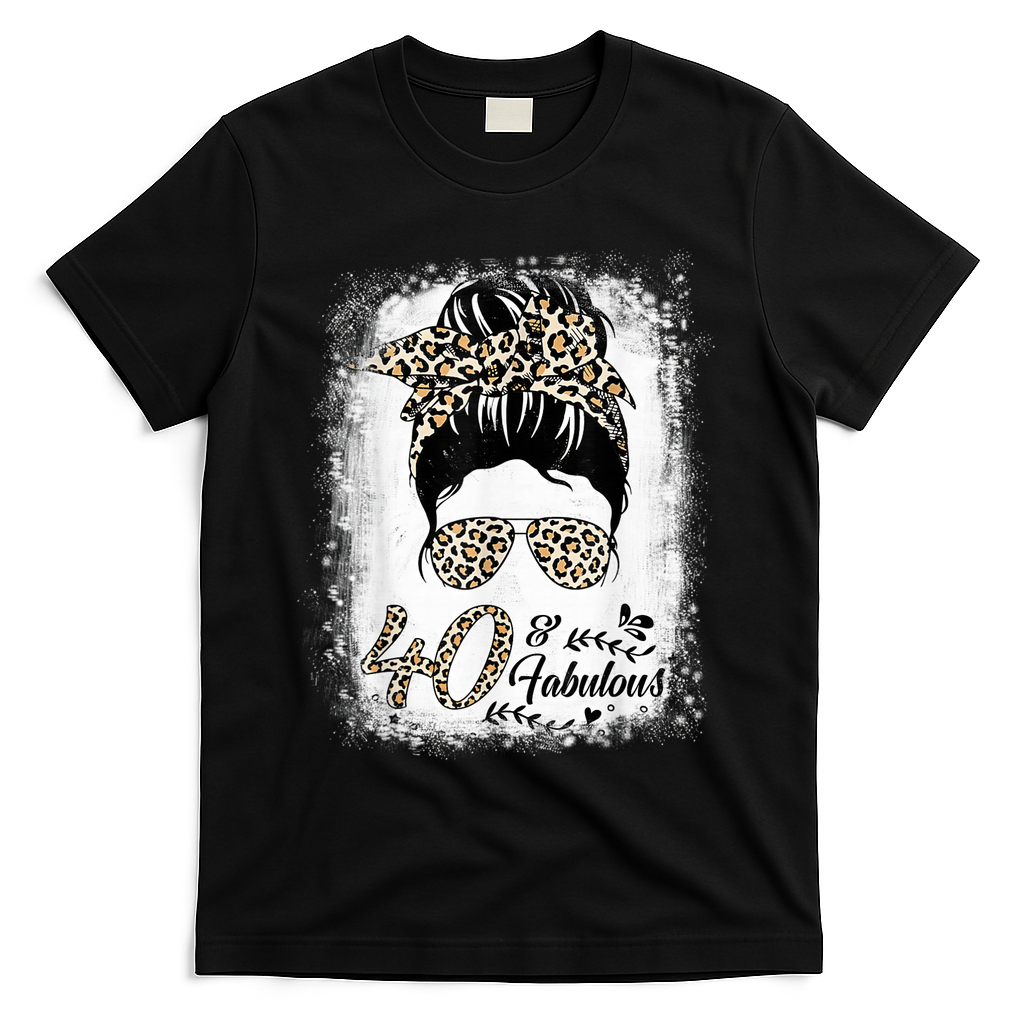 40 Years Old Fabulous Messy Bun Leopard 40th Birthday T-Shirt - Black