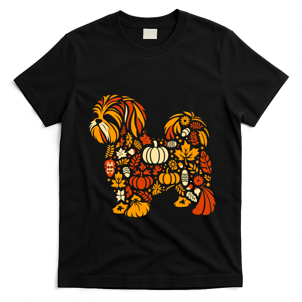 Autumn Pumpkin Fall Shih Tzu Thanksgiving T-Shirt - Black