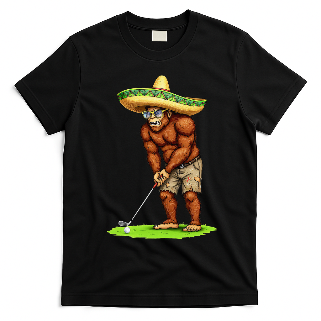 Bigfoot Golf Player Cinco De Mayo Mexican Golfer Food T-Shirt - Black
