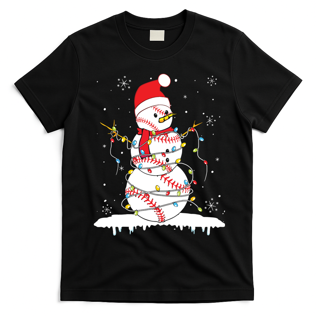 Baseball Snowman Santa Hat Christmas Baseball Player Gift T-Shirt - Black