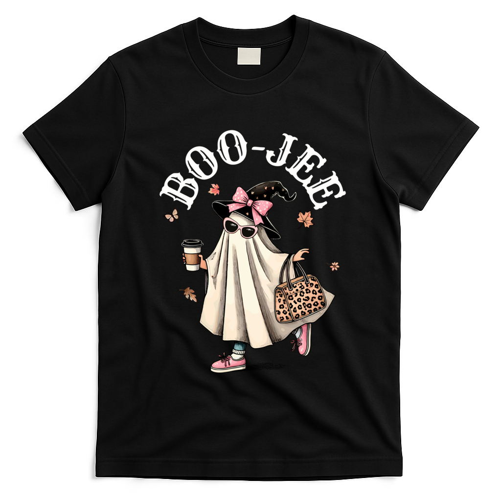 Cute Boo Jee Ghost Halloween Leopard Ghost Coffee Funny Gift T-Shirt - Black