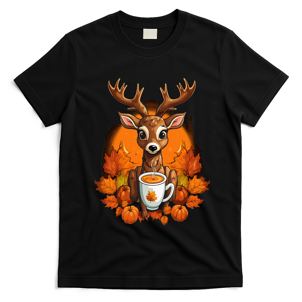 Deer Antlers Pumpkin Spice Latte Fall Thanksgiving Halloween T-Shirt - Black