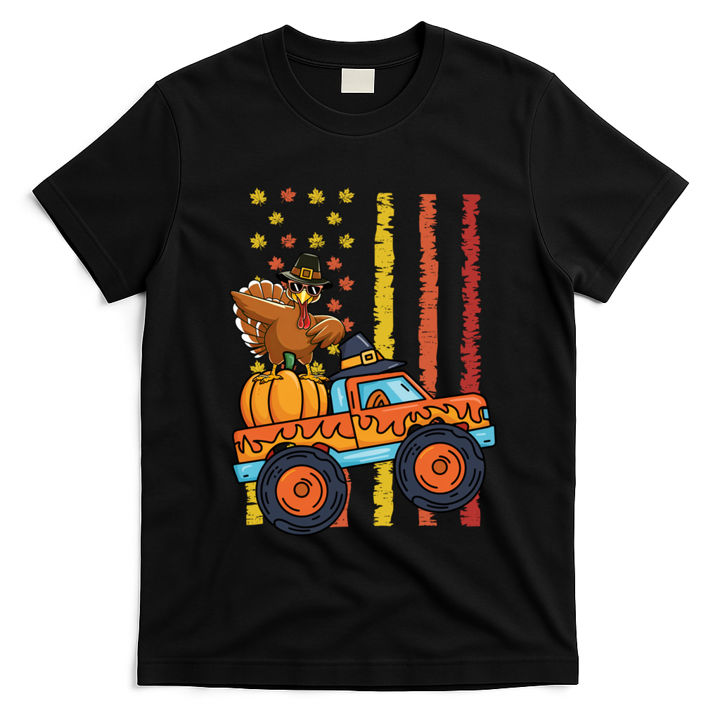 Dabbing Turkey Pumpkin Truck Autumn Usa Flag Thanksgiving Gift T-Shirt - Black