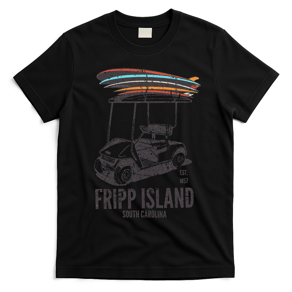 Fripp Island South Carolina Golf Cart Surfer Lowcountry T-Shirt - Black