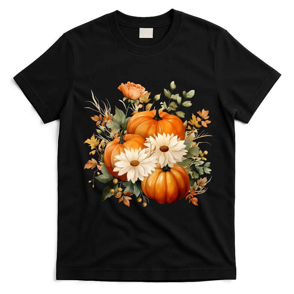 Fall Pumpkin Floral Holiday T-Shirt - Black
