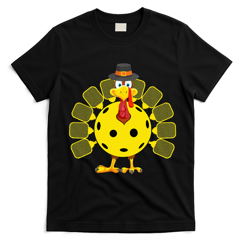 Funny Pickleball Thanksgiving Golf Ball Turkey Lover T-Shirt - Black