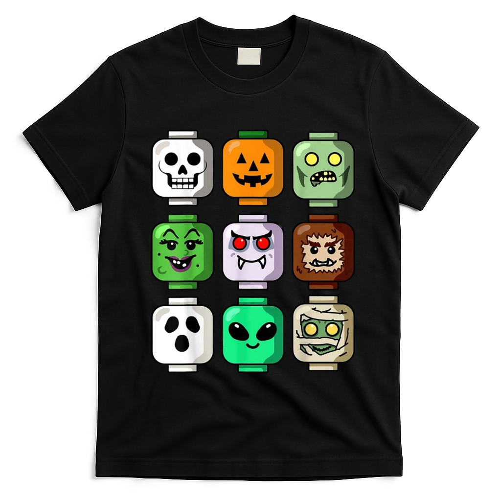 Halloween Building Brick Head Pumpkin Ghost Zombie T-Shirt - Black