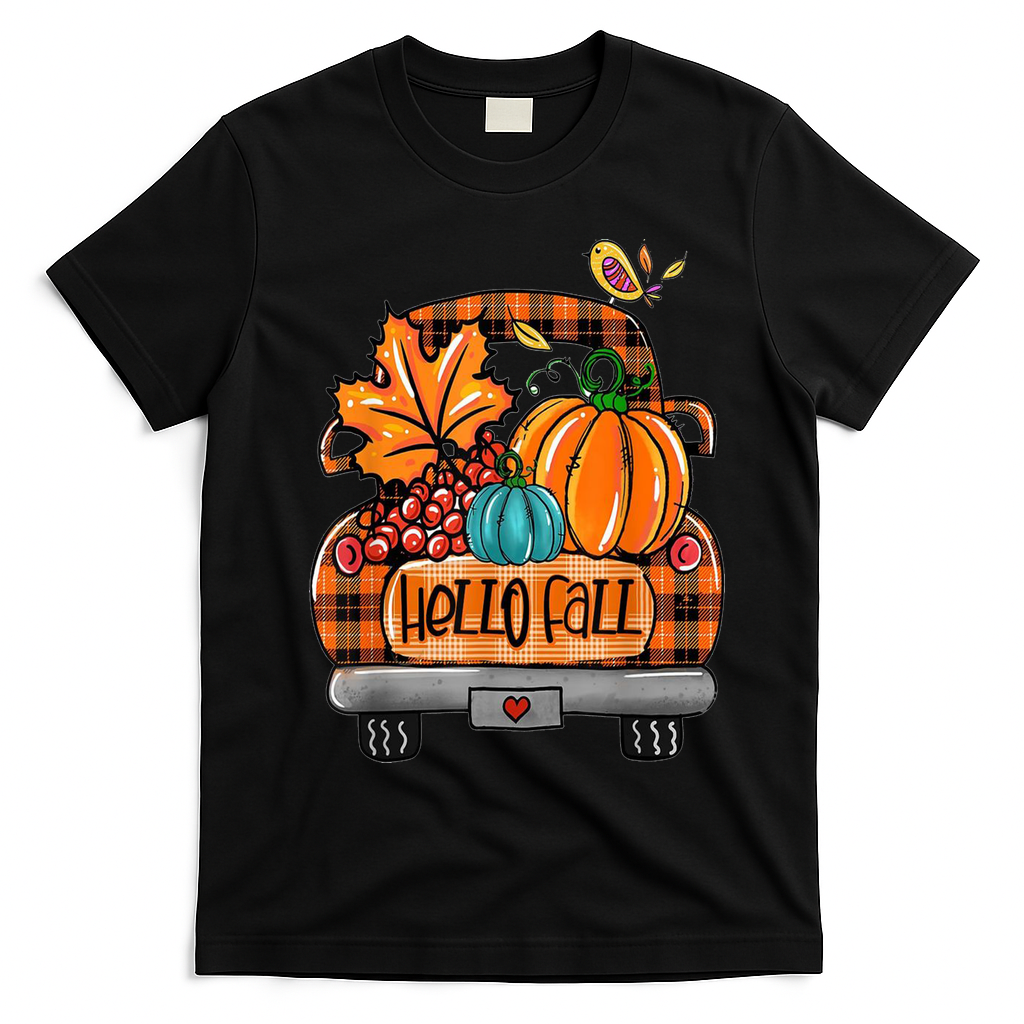Hello Fall Pumpkin Truck Cute T-Shirt - Black