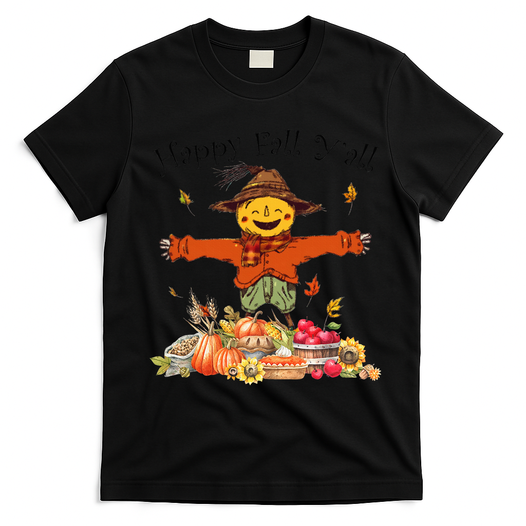Happy Fall Yall Scarecrow Pumpkin Thanksgiving Halloween T-Shirt - Black