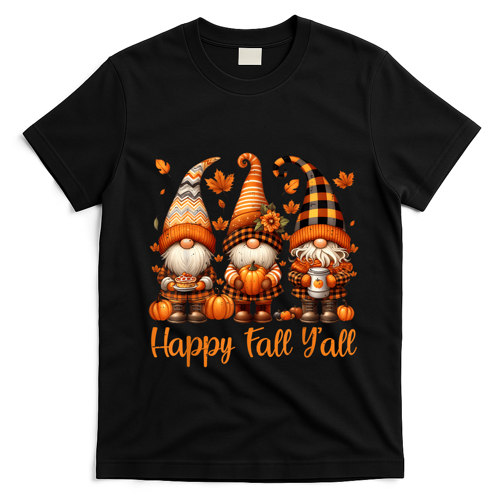 Happy Fall YAll Gnome Pumpkin Autumn Thanksgiving T-Shirt - Black