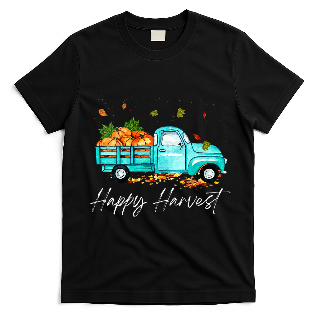Happy Harvest Fall Season Pumpkin Truck Thanksgiving Vintage T-Shirt - Black