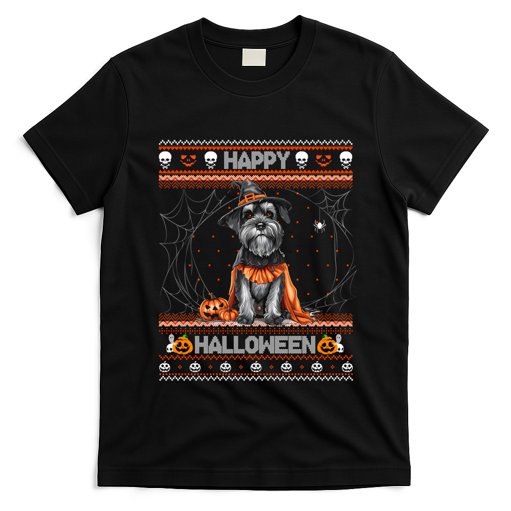 Happy Halloween Ugly Miniature Schnauzer Howloween Pumpkin T-Shirt - Black