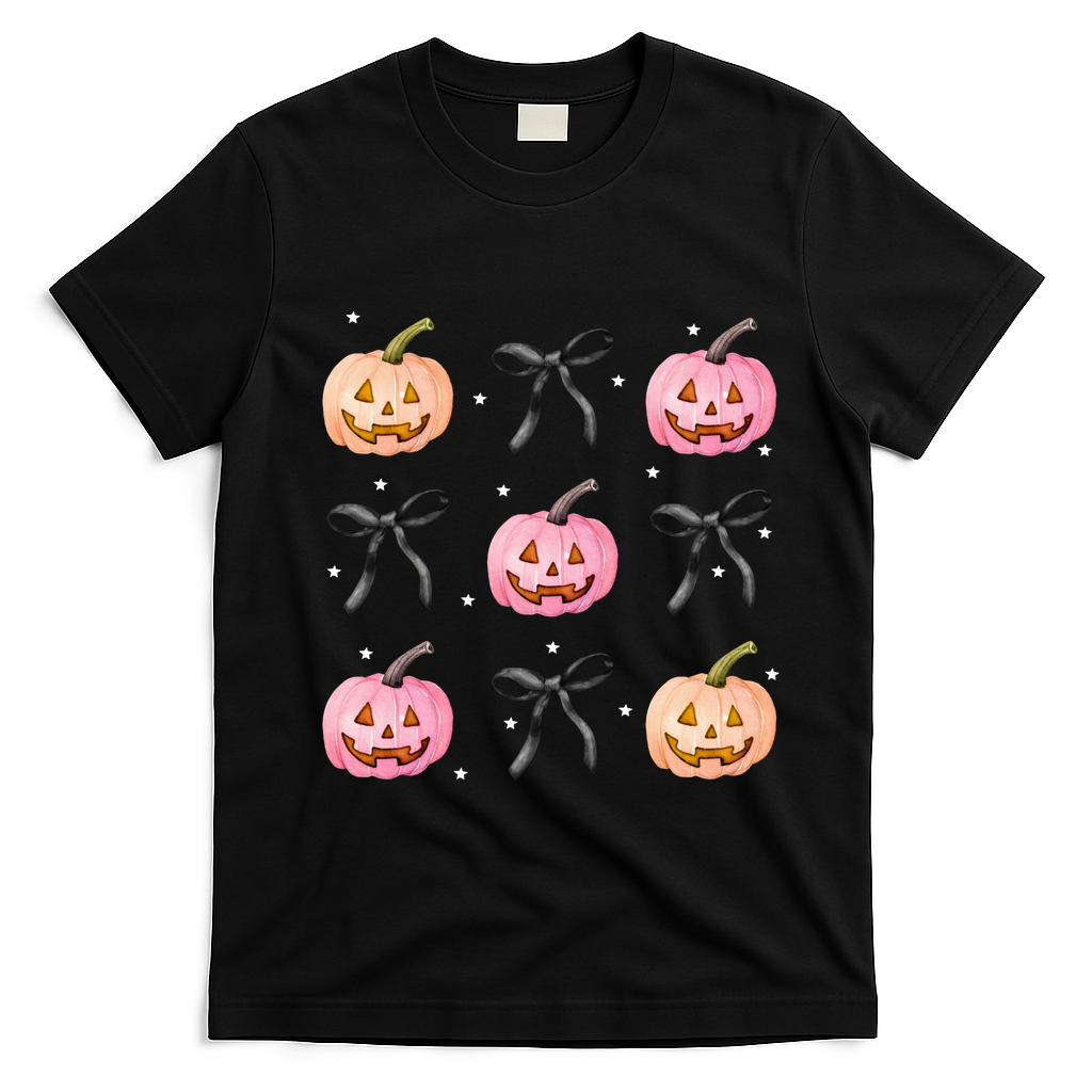 Halloween Pumpkin Black Bows Cute T-Shirt - Black