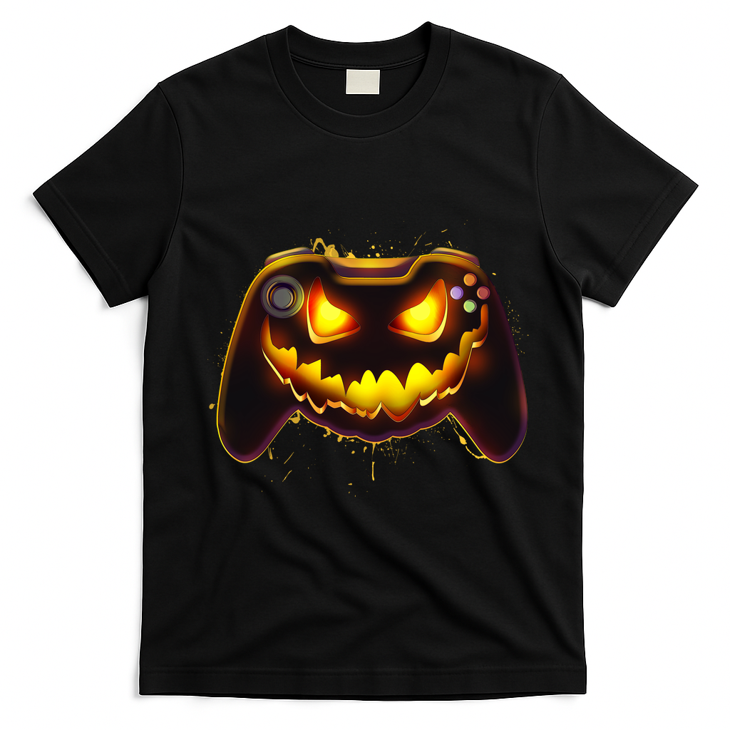 Halloween Pumpkin Jack O Lantern Face Video Game Controller T-Shirt - Black