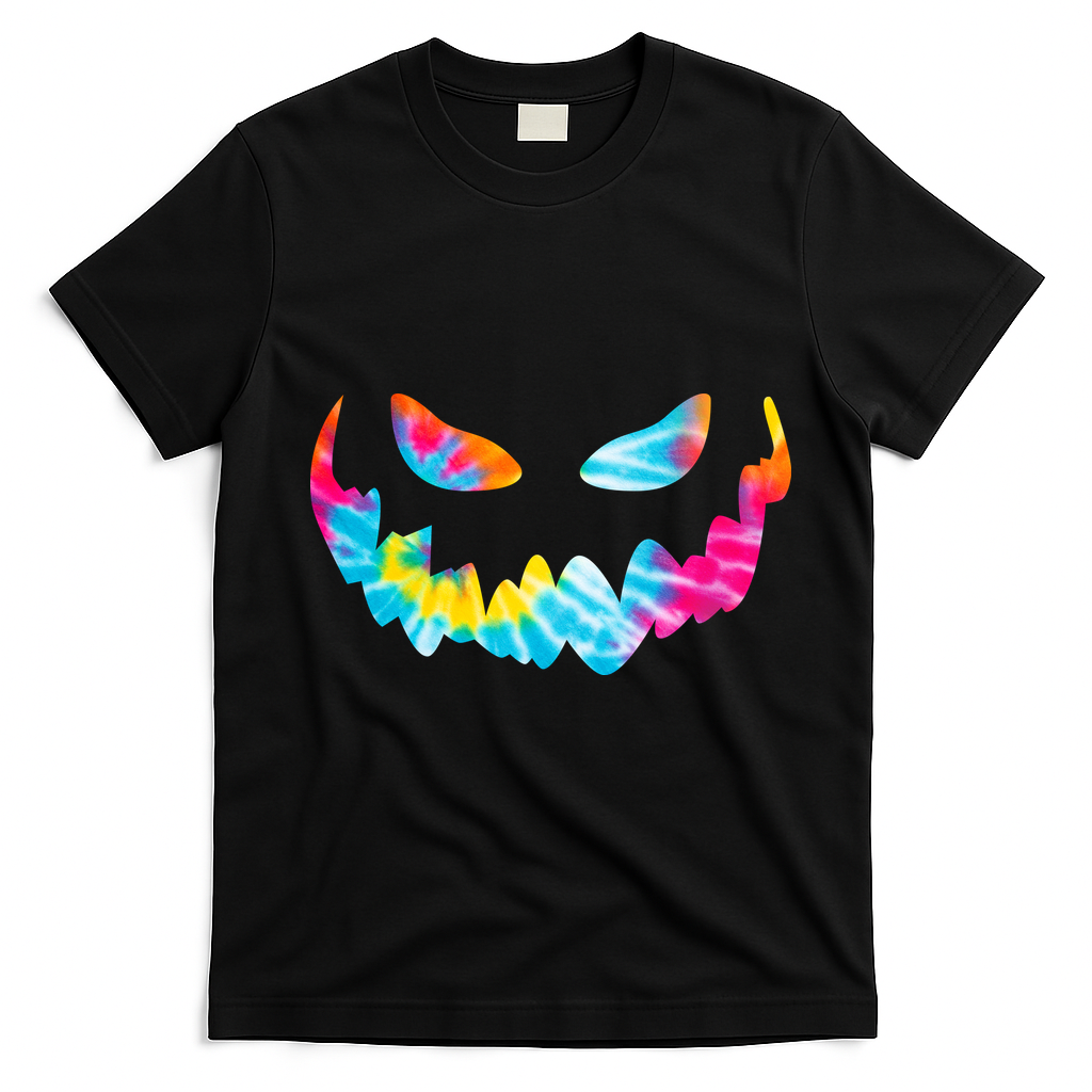 Halloween Pumpkin Pink Yellow Blue Tie Dye Face T-Shirt - Black