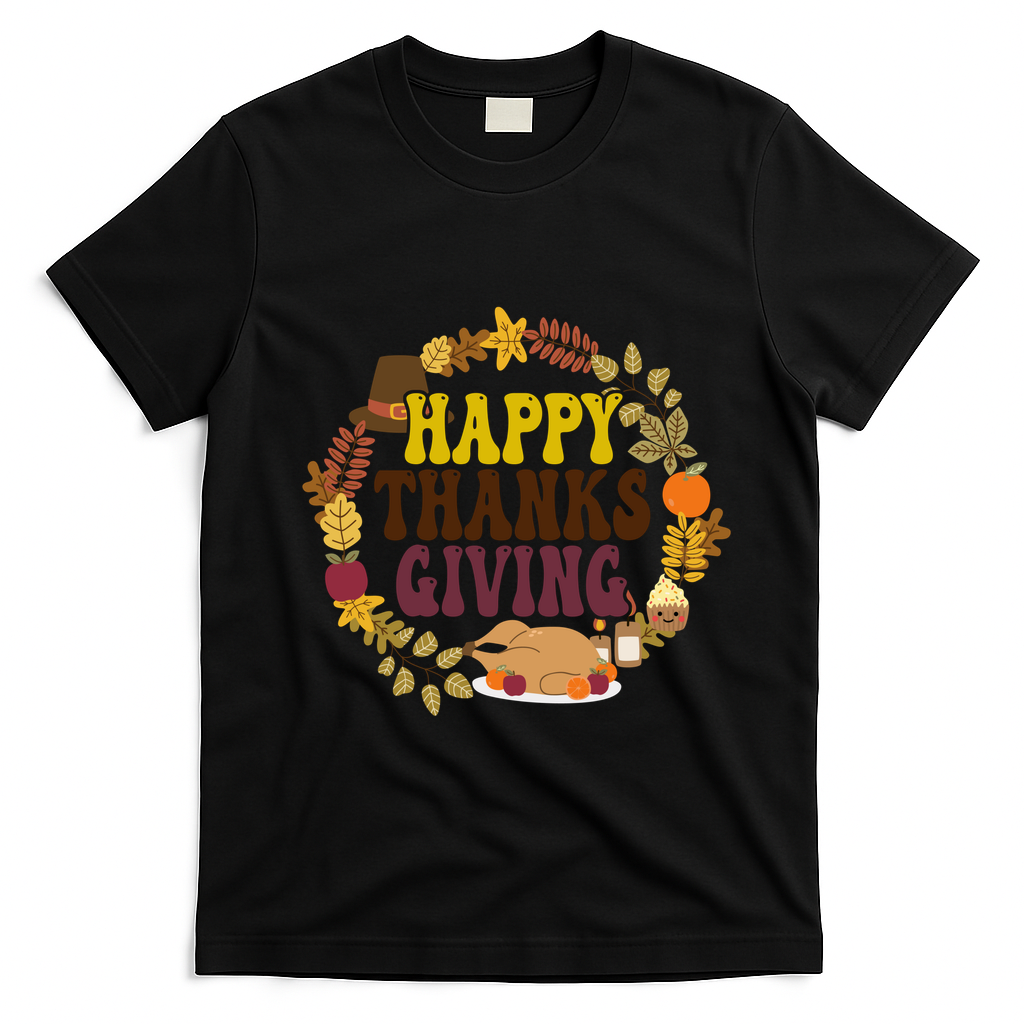 Happy Thanksgiving Fall Holiday T-Shirt - Black