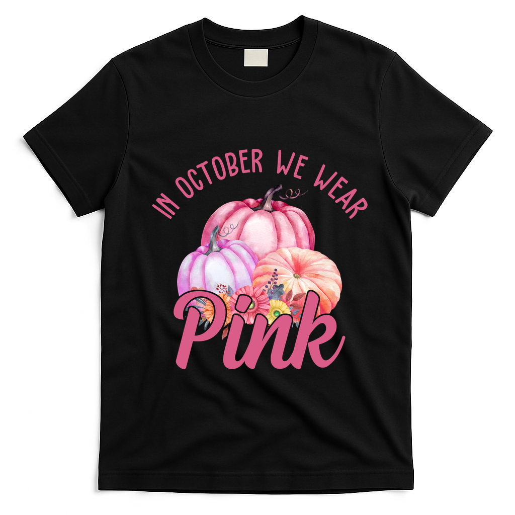 In October We Wear Pink Pumpkin Patch Breast Cancer T-Shirt - Black
