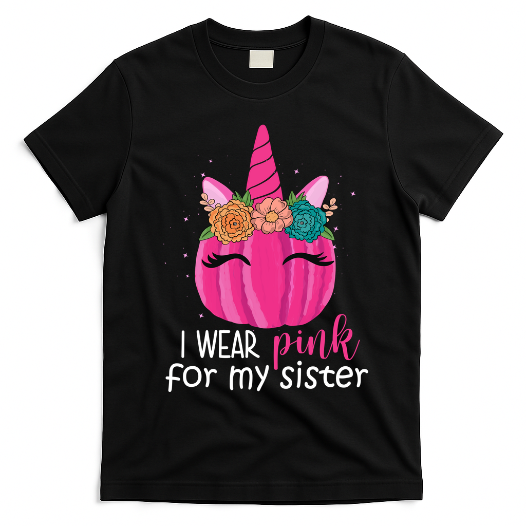 I Wear Pink For My Sister Breast Cancer Awareness Pumpkin Unicorn T-Shirt - Black