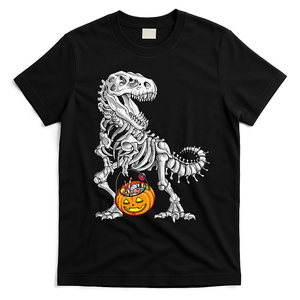 Kids Halloween Dinosaur Skeleton T Rex Funny Pumpkin T-Shirt - Black