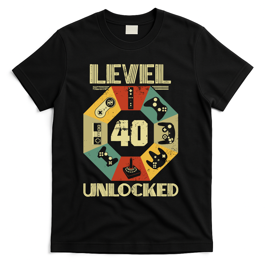 Level 40 Unlocked T Funny Video Gamer 40th Birthday T-Shirt - Black