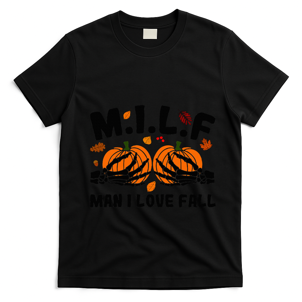 Milf Man I Love Fall Skeleton Pumpkin Hand Boob T-Shirt - Black
