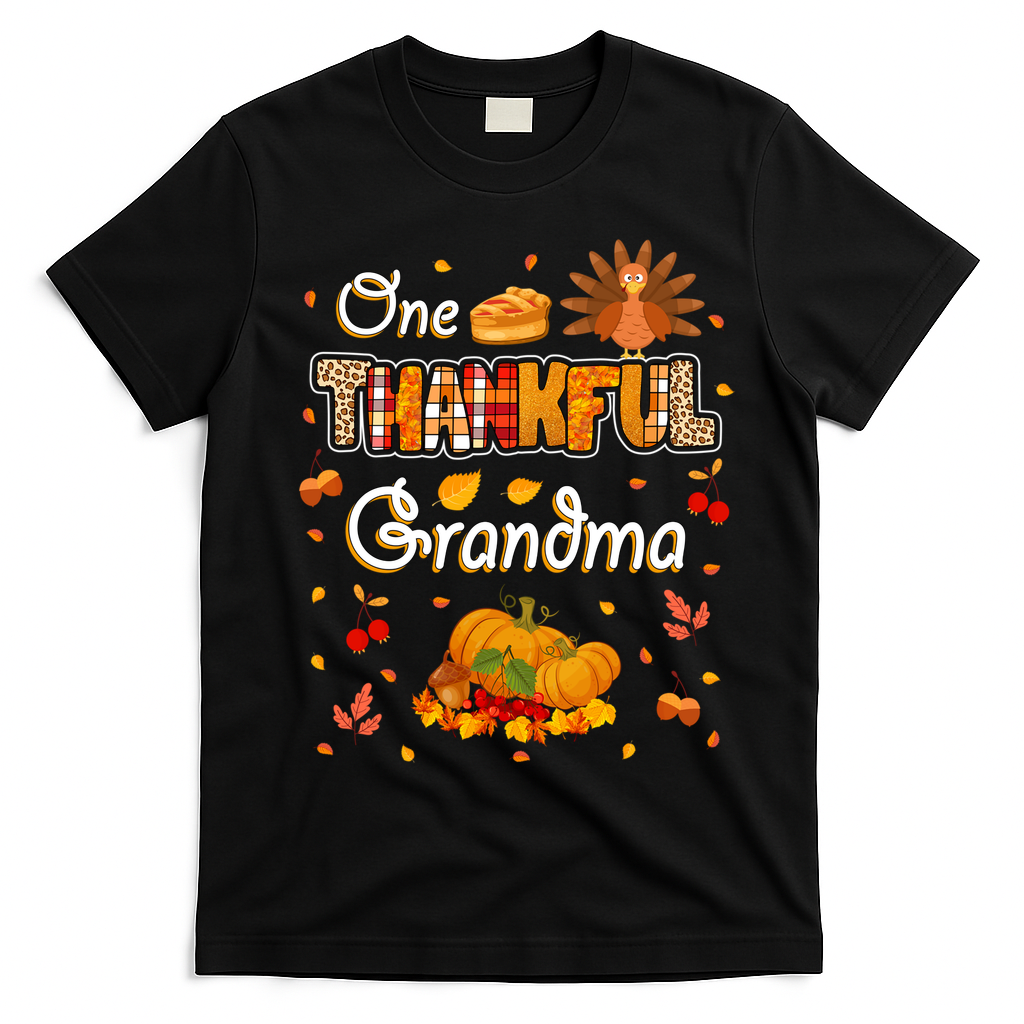 One Thankful Grandma Fall Leaves Autumn Grandma Thanksgiving Gift T-Shirt - Black