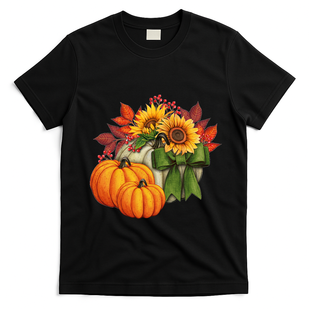 Pumpkin Sunflower Cute Floral Fall Autumn Season T-Shirt - Black