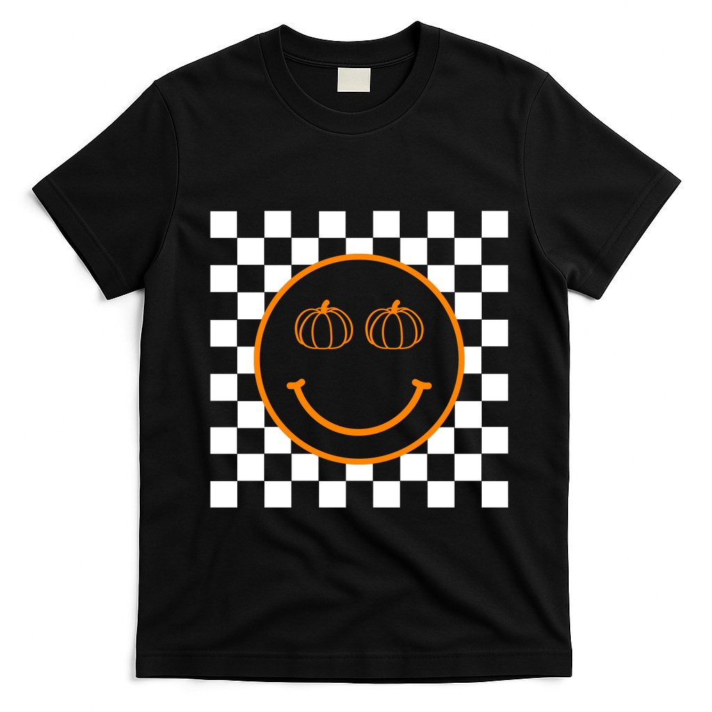 Pumpkin Smiley Retro Checkered T-Shirt - Black