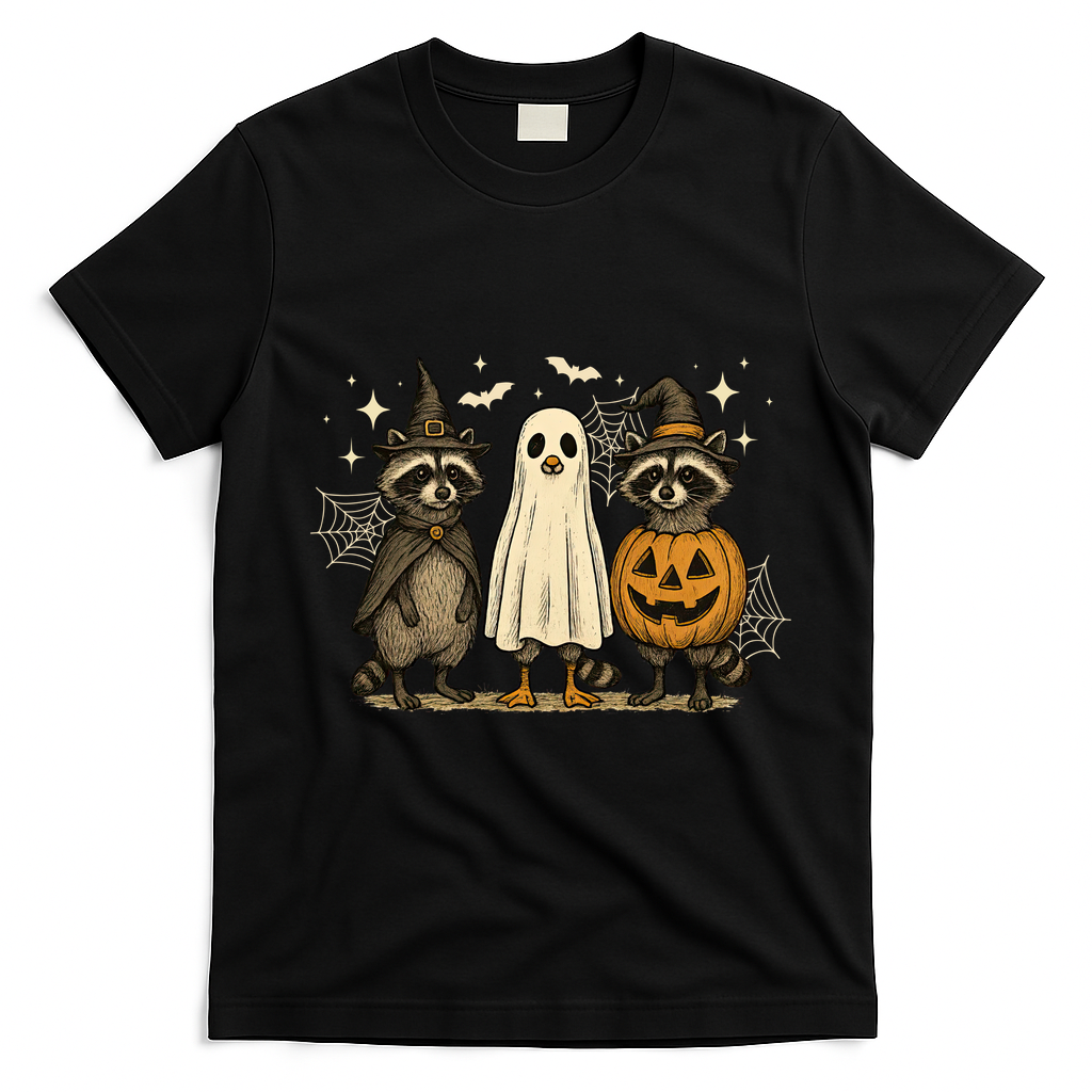 Retro Raccoon Witch Scary Halloween Pumpkin T-Shirt - Black
