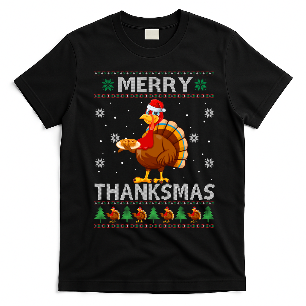 Santa Turkey Merry Thanksmas Thanksgiving Ugly Xmas Sweater T-Shirt - Black