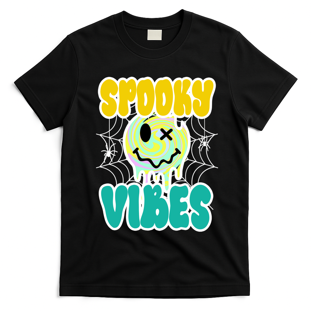 Spooky Vibes Smile Face Halloween T-Shirt - Black