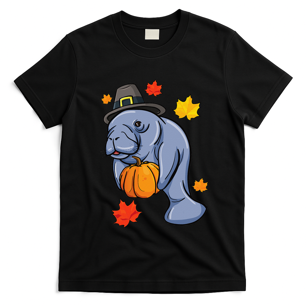 Thanksgiving Manatee Pilgrim Fall Pumpkin Dugong T-Shirt - Black
