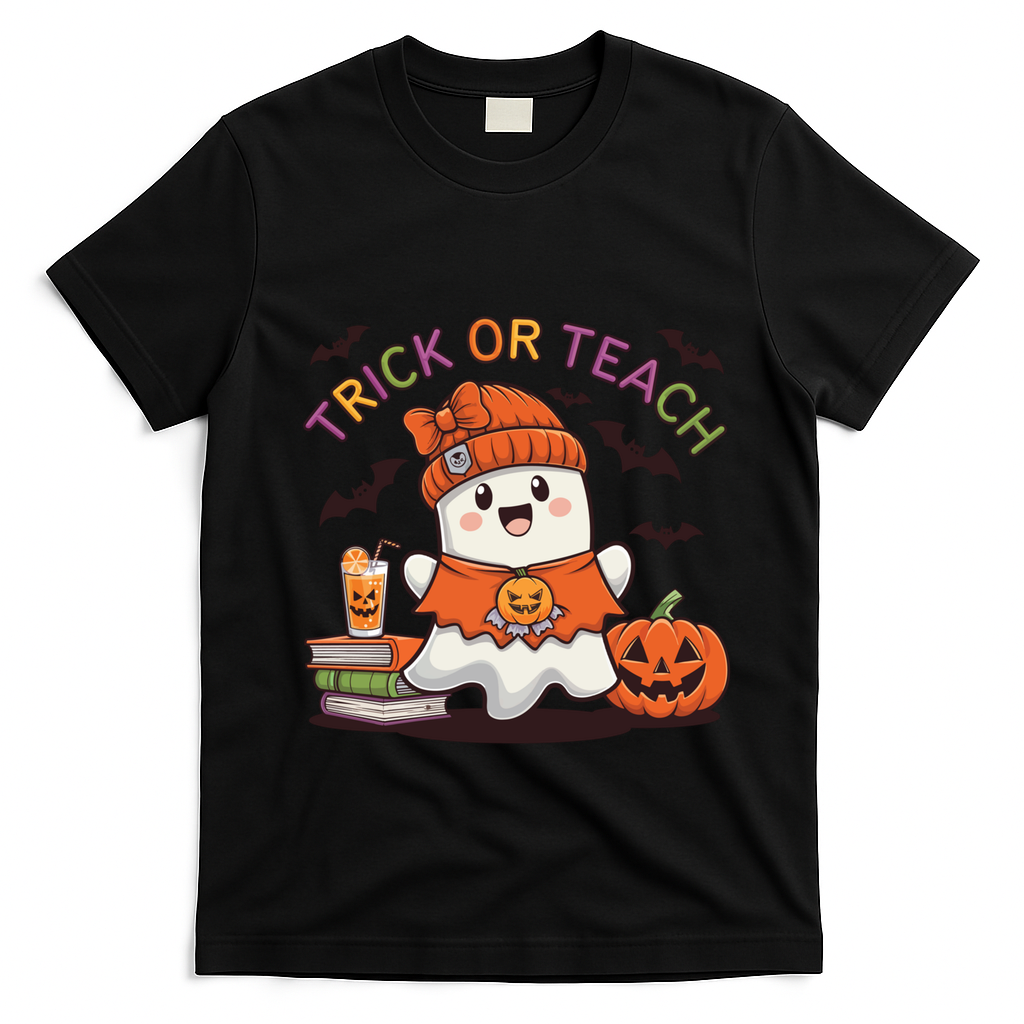 Trick Or Teach Back To School Cute Ghost Halloween Teachers Gift T-Shirt - Black
