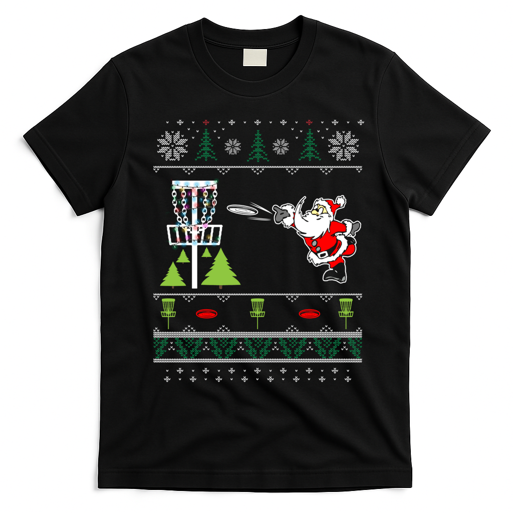 Ugly Disc Golf Santa Christmas Sweater Funny Xmas Frolf T-Shirt - Black
