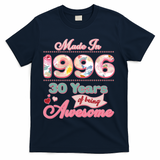 30th Birthday Pink Floral Made In 1996 Years Of Being Awesome T-Shirt - Navy