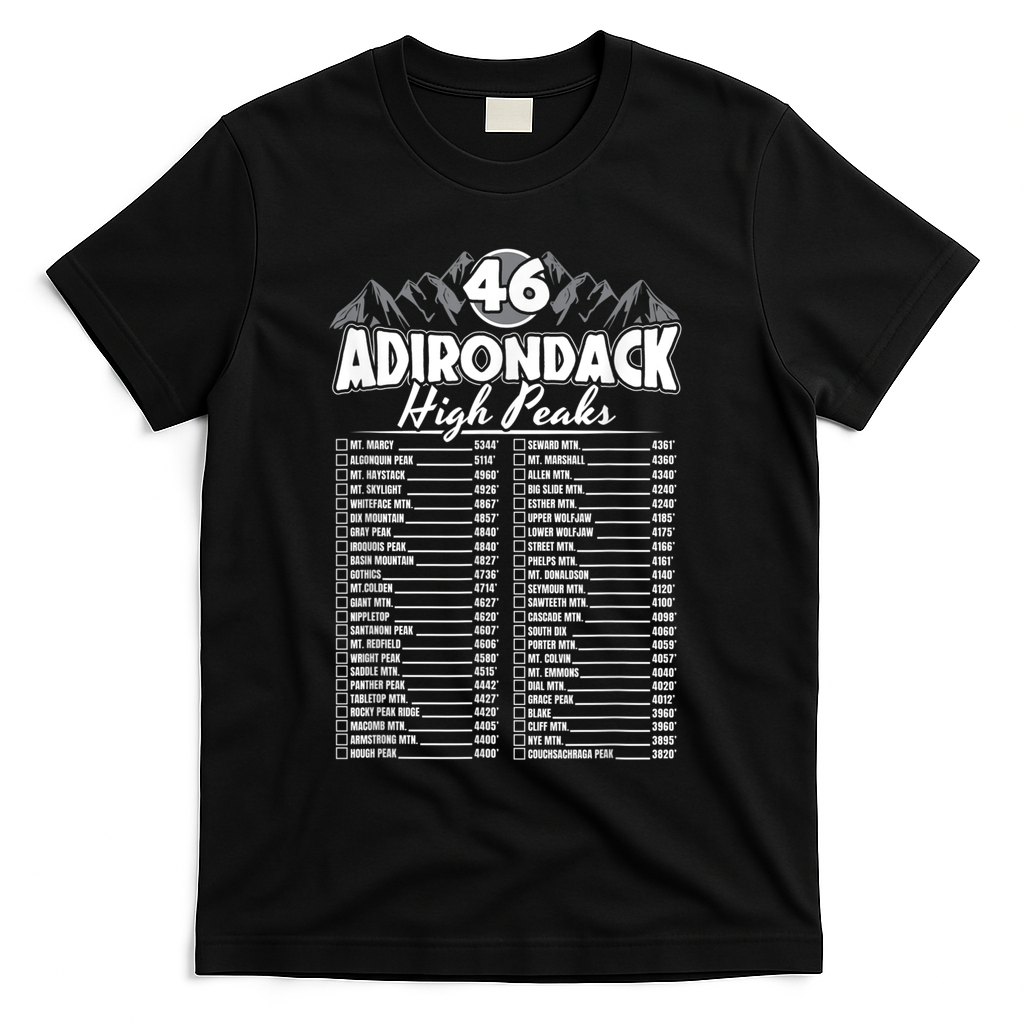 46 Adirondack Mountain Climbing Checklist T-Shirt - Black