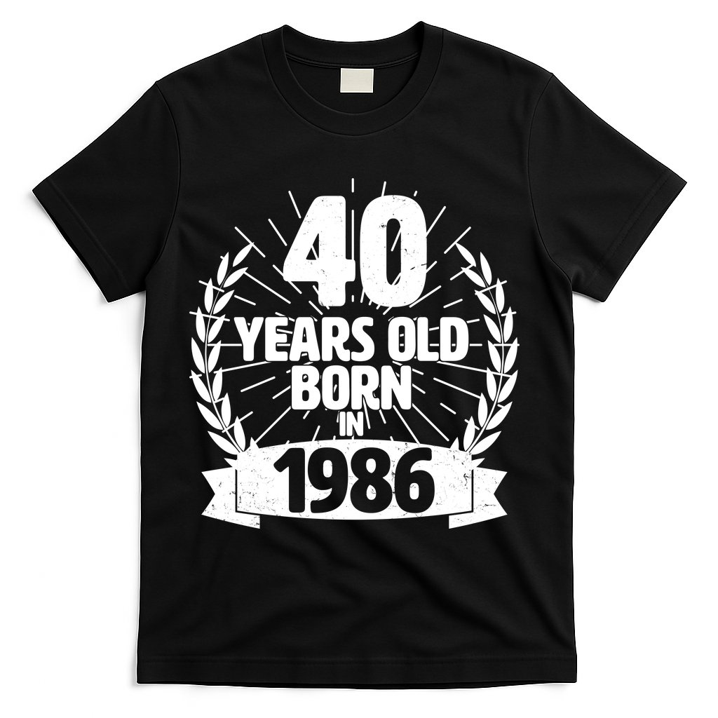 40th Birthday 40 Years Old Born In 1986 Wreath Banner  T-Shirt - Black