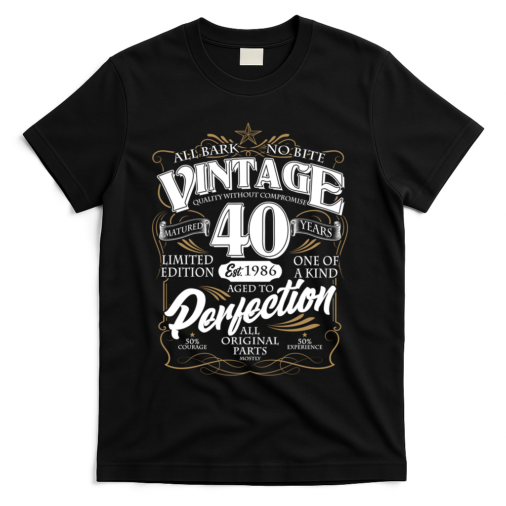 40th Birthday Est 1986 All Bark No Bite Vintage Birthday  T-Shirt - Black