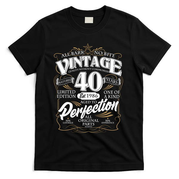 40th Birthday Est 1986 All Bark No Bite Vintage Birthday  T-Shirt - Black