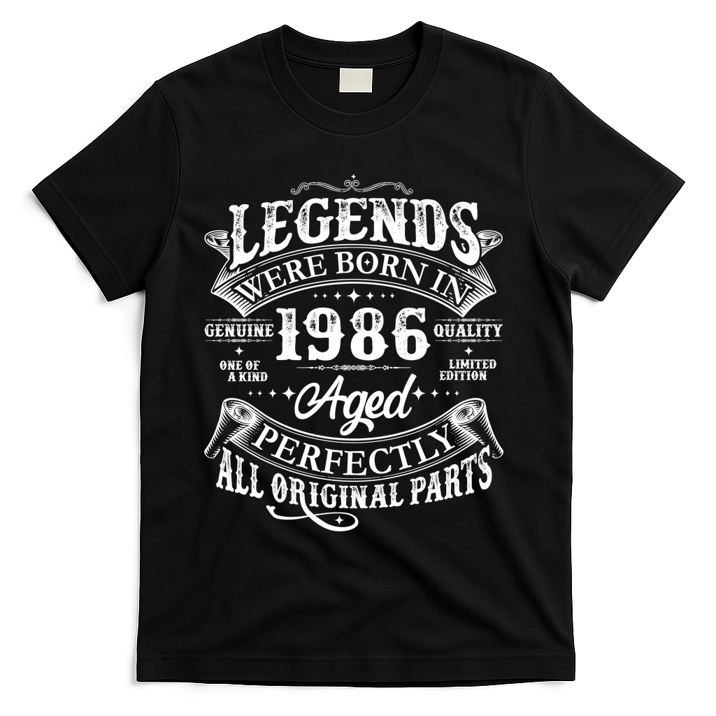 40th Birthday Legends Were Born In 1986 Age Perfectly Vintage Scroll  T-Shirt - Black
