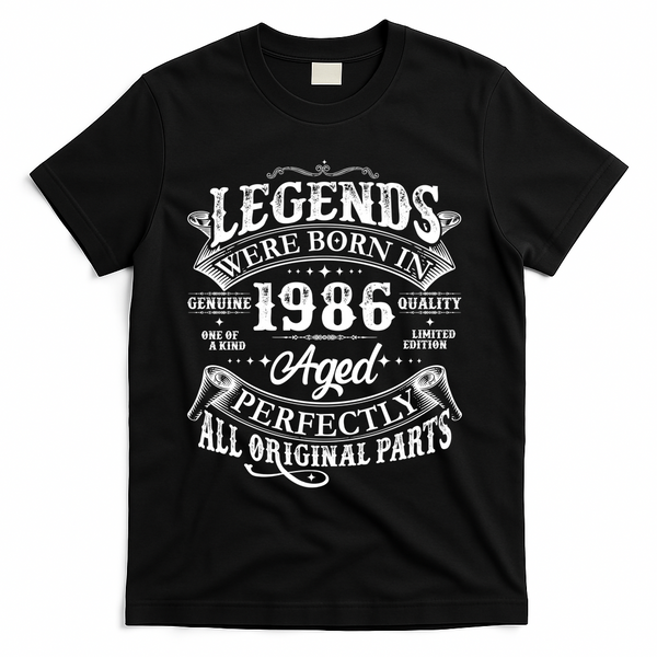 40th Birthday Legends Were Born In 1986 Age Perfectly Vintage Scroll  T-Shirt - Black