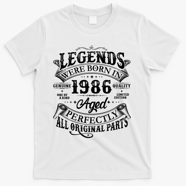 40th Birthday Legends Were Born In 1986 Age Perfectly Vintage Scroll  T-Shirt - White