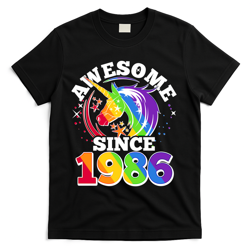 40th Birthday Rainbow Unicorn Awesome Since 1986 T-Shirt - Black