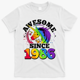 40th Birthday Rainbow Unicorn Awesome Since 1986 T-Shirt - White