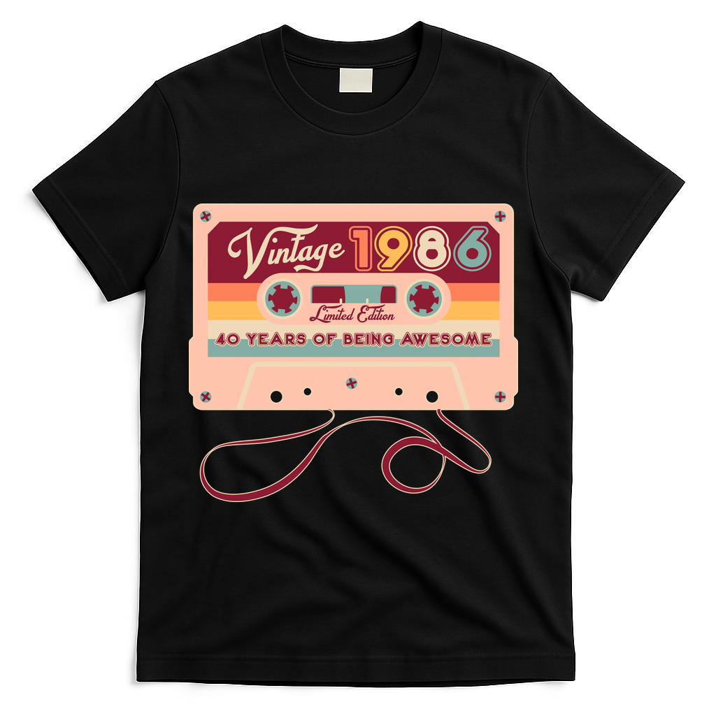 40th Birthday Vintage 1986 Limited Edition Cassette Tape T-Shirt - Black