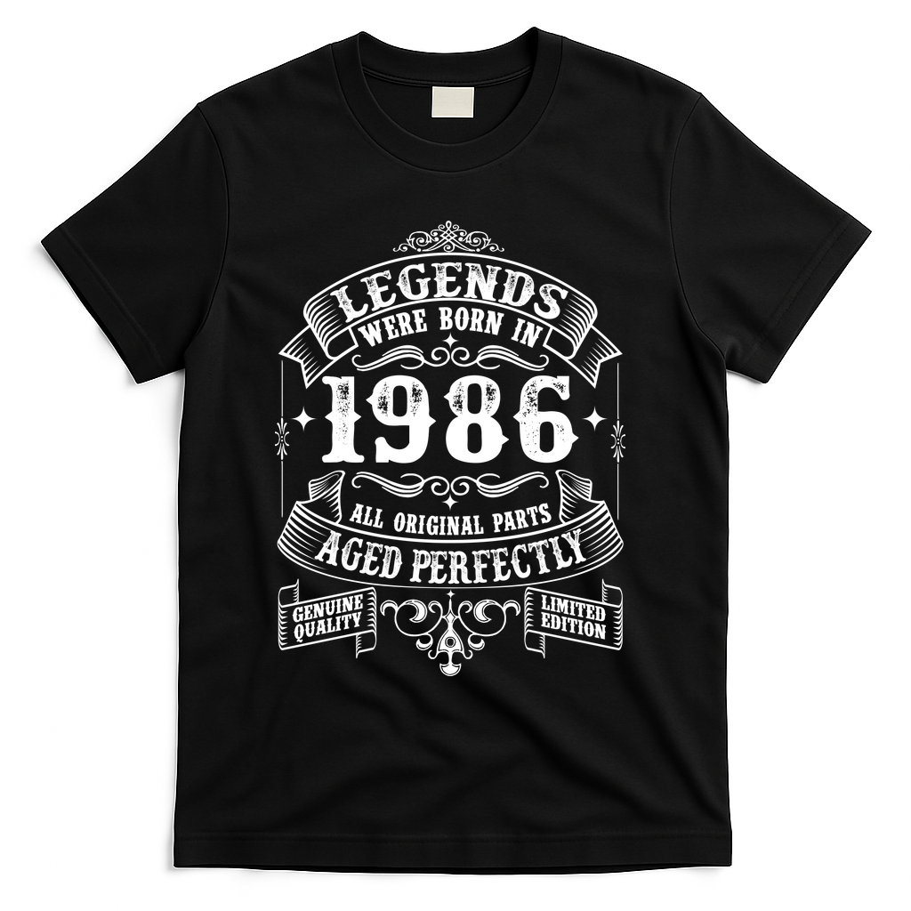 40th Birthday Vintage Scroll Border Legends Were Born Age Perfectly 1986 T-Shirt - Black