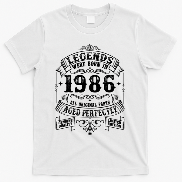40th Birthday Vintage Scroll Border Legends Were Born Age Perfectly 1986 T-Shirt - White
